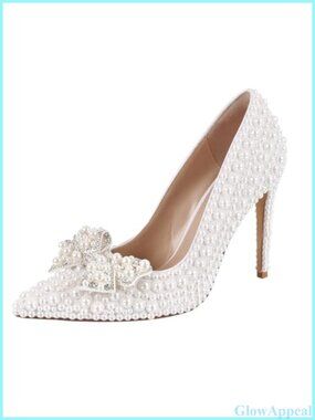 Pearl Rhinestone Bow Pointed Toe Stiletto Heels Wedding Pumps Handmade